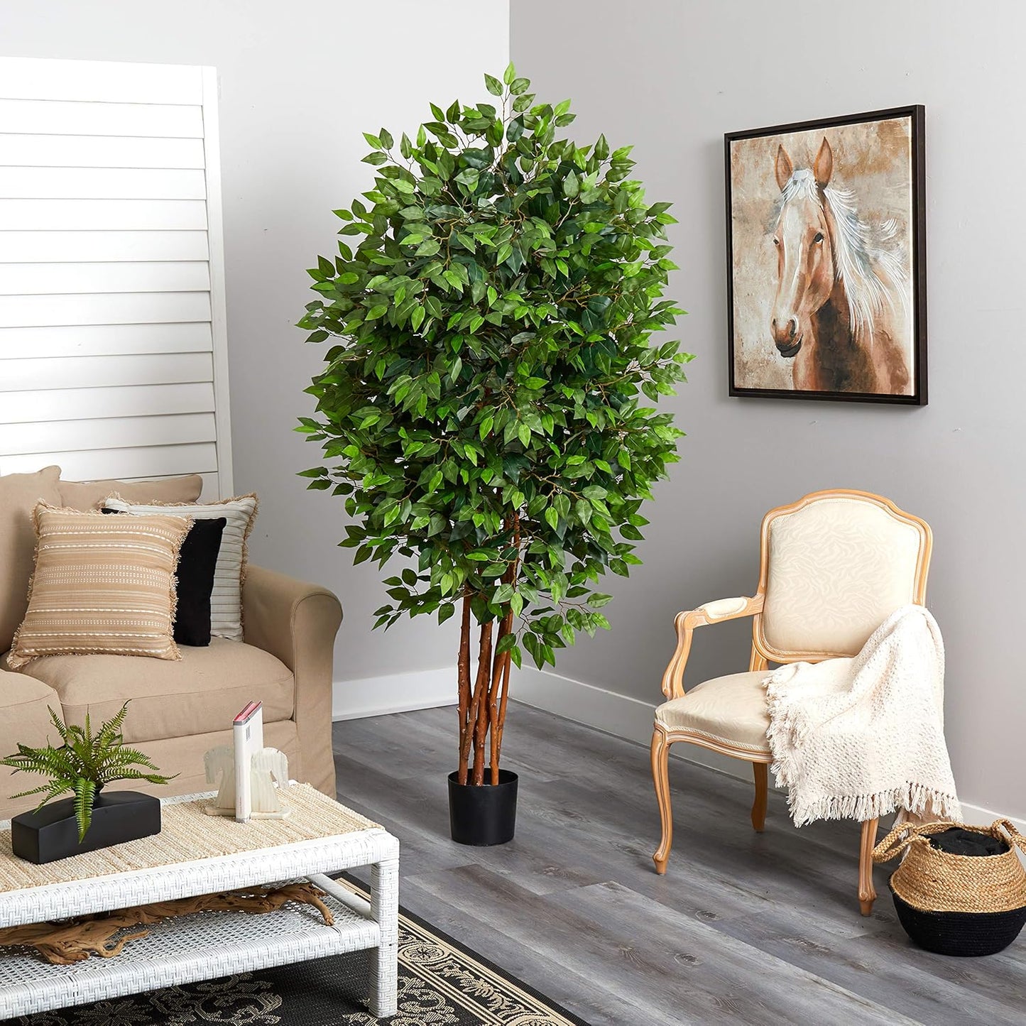 6.5FT Artificial Deluxe Ficus Tree for Indoor Home Décor, Large Fake Plant with Black Nursery Planter, Faux Ficus Tree