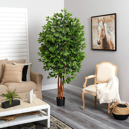 6.5FT Artificial Deluxe Ficus Tree for Indoor Home Décor, Large Fake Plant with Black Nursery Planter, Faux Ficus Tree