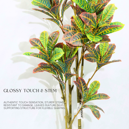 Ficus Pandurata (Croton) Artificiale 160cm con Foglie Variegate, Albero Finta in Vaso per Decorazione Casa e Negozio Natale