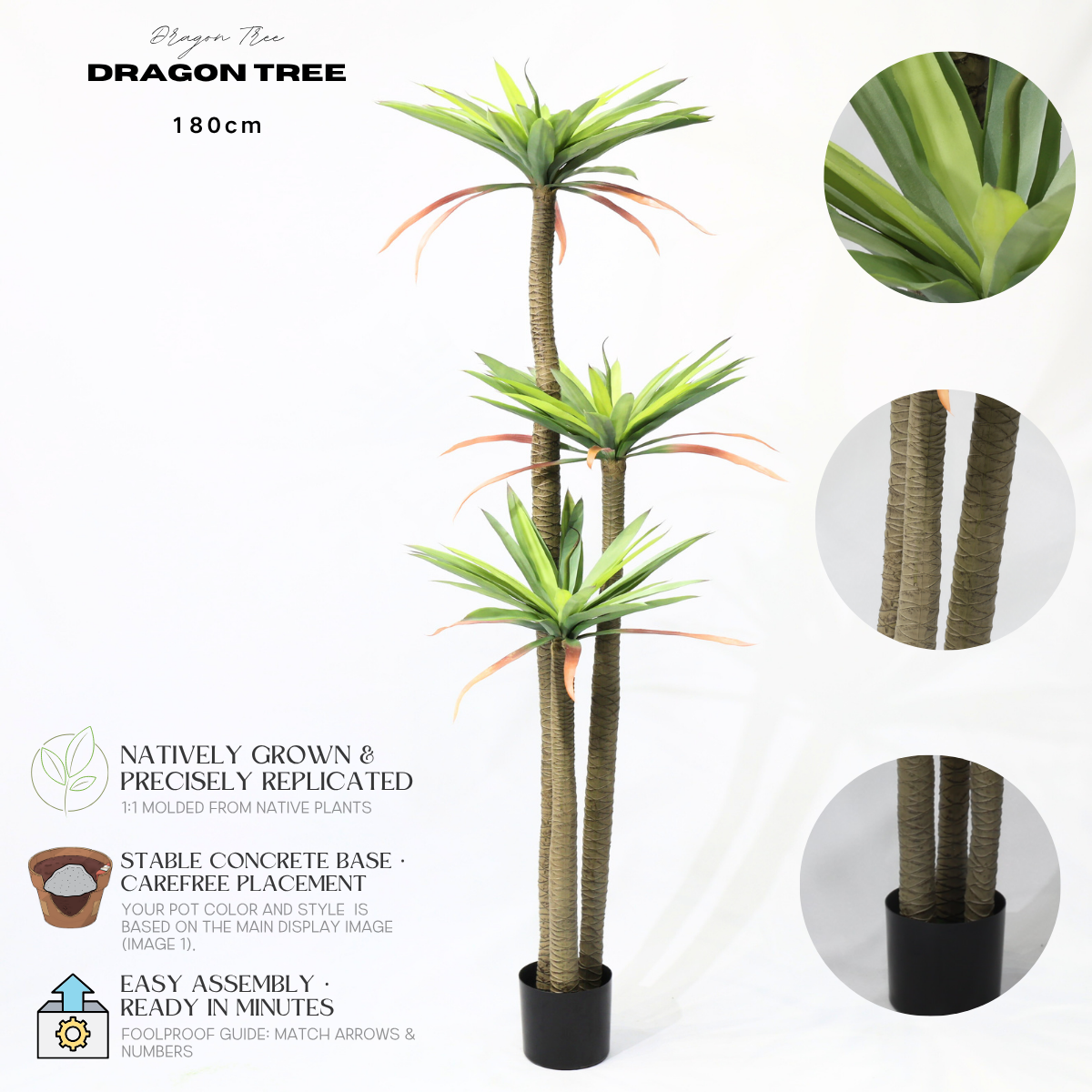 Pianta di Drago Artificiale (Corn Plant) 180cm con 3 Tronchi, Pianta Finta Tropicale in Vaso per Decorazione Ufficio e Casa Natale