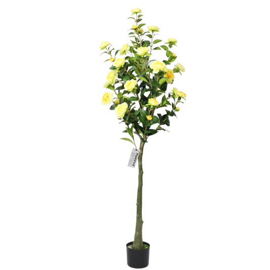 150cm Potted Single-Stem Yellow Camellia Green leaf Artificial Blossom Tree